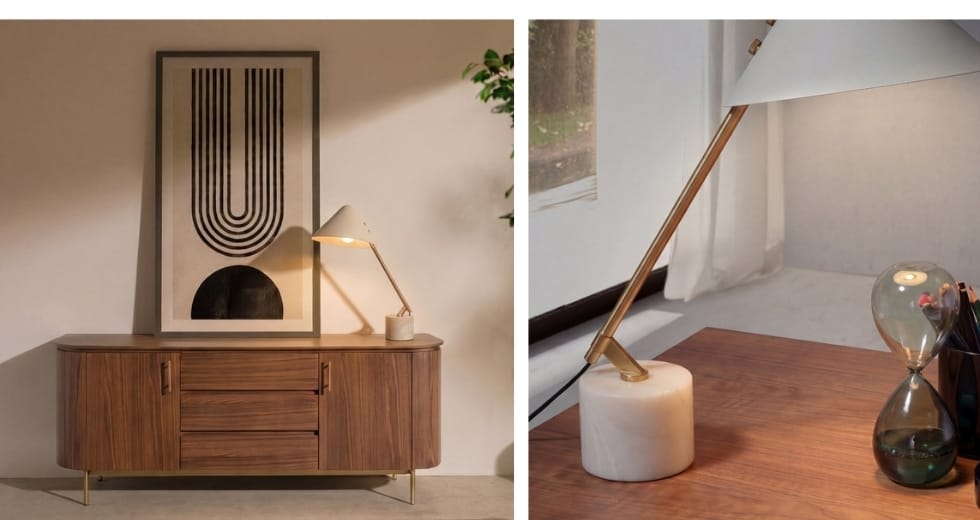 Table lamp white steel, gold and marble