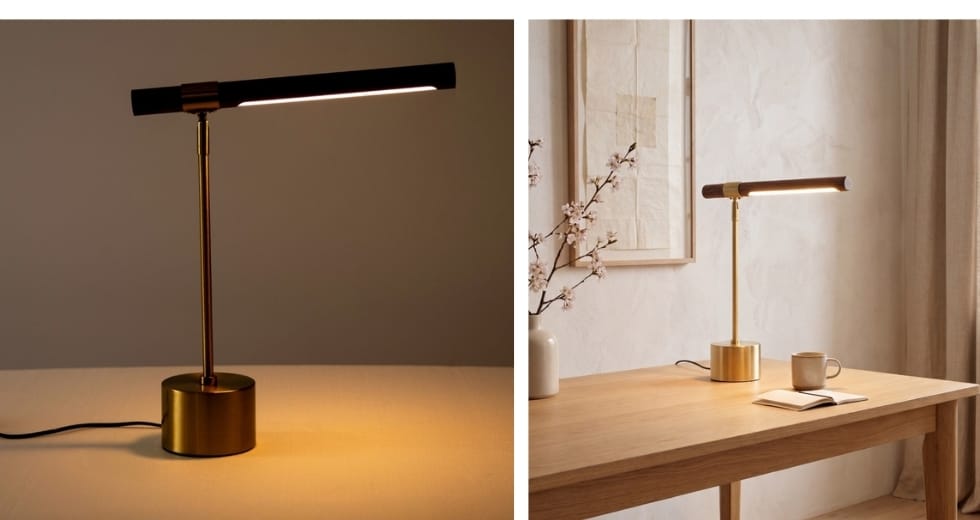 Walnut-effect steel and gold polished steel table lamp