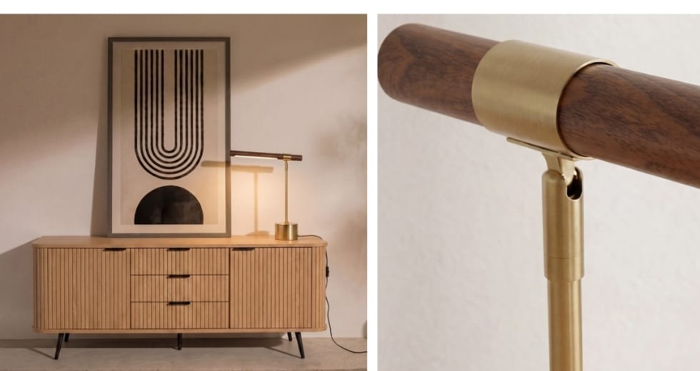 Walnut-effect steel and gold polished steel table lamp