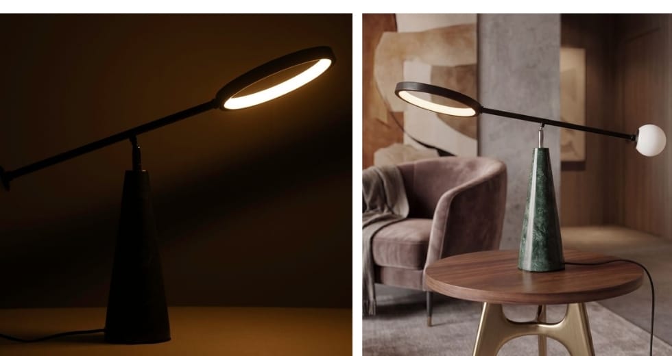 Lampada da tavolo in acciaio nero e marmo porcellanato