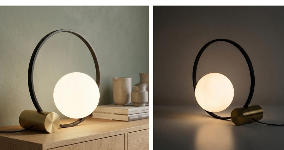 Lampada da tavolo in vetro bianco e acciaio nero con base in acciaio lucido dorato