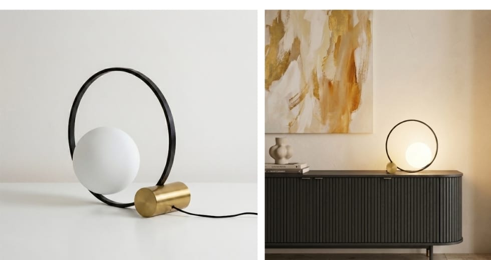 Lampada da tavolo in vetro bianco e acciaio nero con base in acciaio lucido dorato