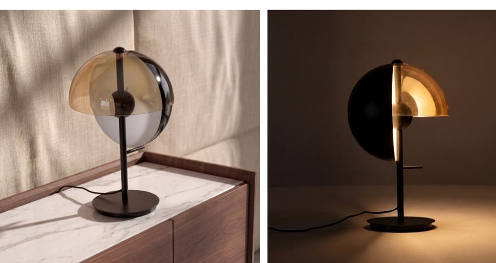 Tischleuchte aus Bernstein-Rauchglas und schwarz-weißem Stahl mit Schwarzstahl-Sockel