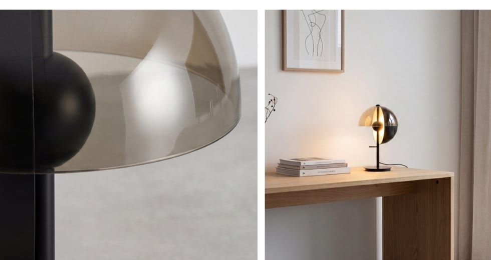 Tischleuchte aus Bernstein-Rauchglas und schwarz-weißem Stahl mit Schwarzstahl-Sockel
