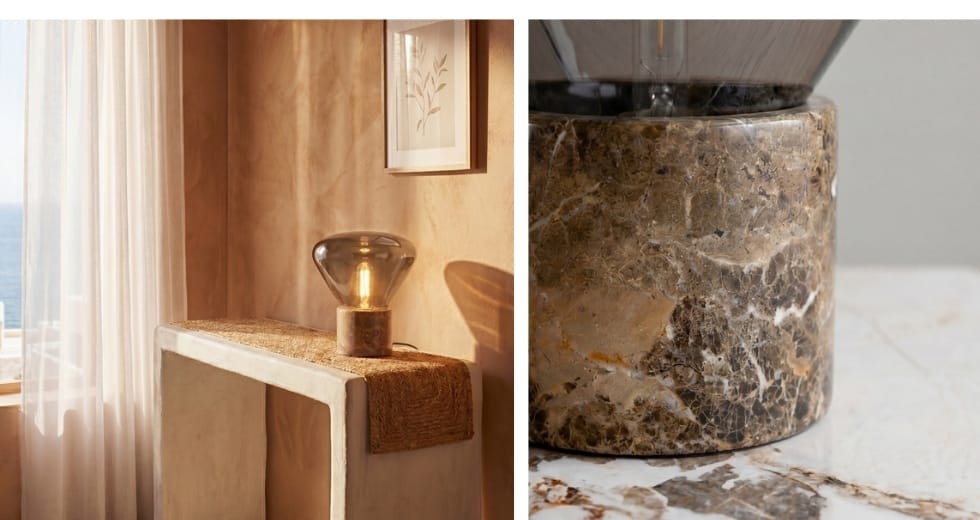 Table lamp with grey smoky mirror-effect glass and porcelain marble