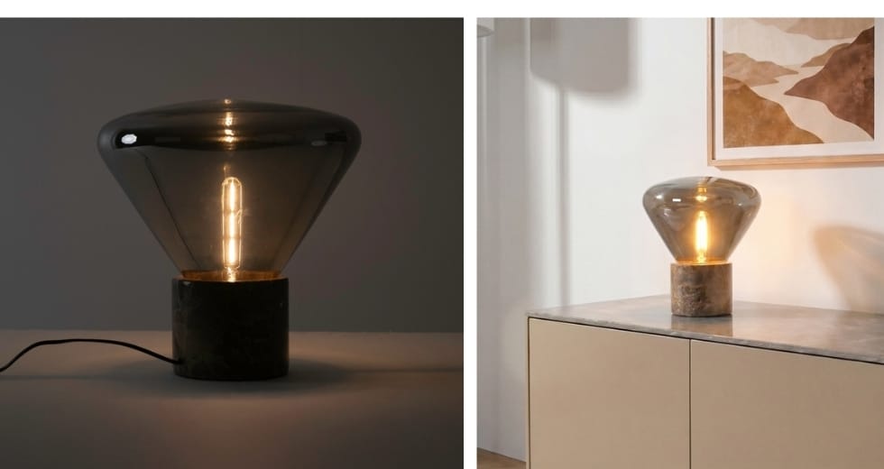 Table lamp with grey smoky mirror-effect glass and porcelain marble