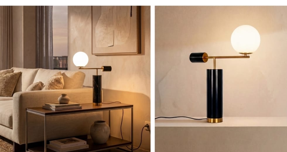 Lámpara sobremesa cristal blanco y acero pulido dorado con base de mármol porcelánico