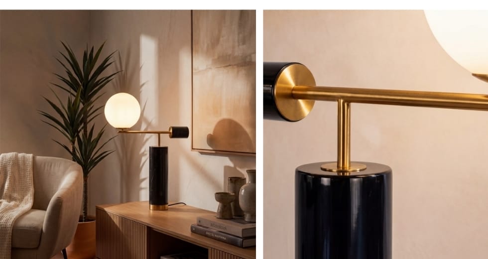 Lámpara sobremesa cristal blanco y acero pulido dorado con base de mármol porcelánico