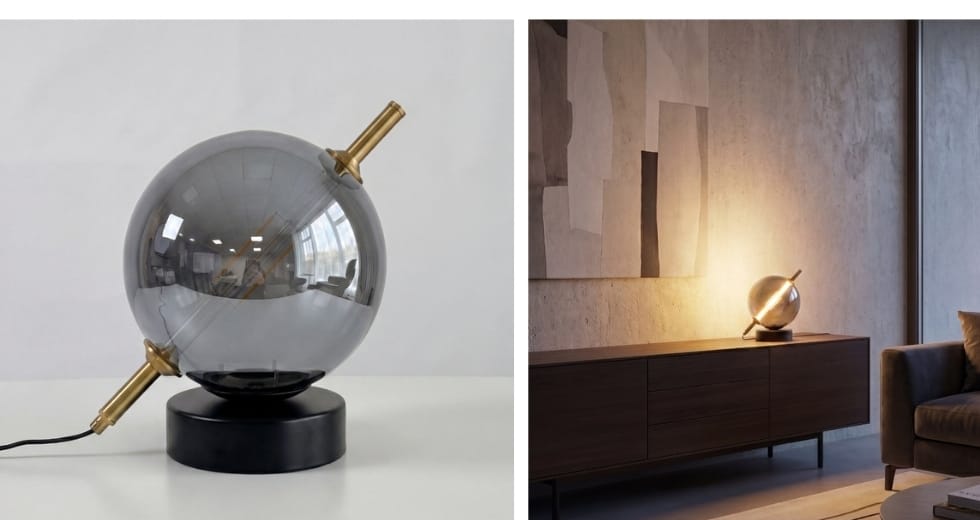 Table lamp in smoked grey mirror-effect glass and black steel