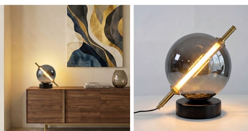 Table lamp in smoked grey mirror-effect glass and black steel