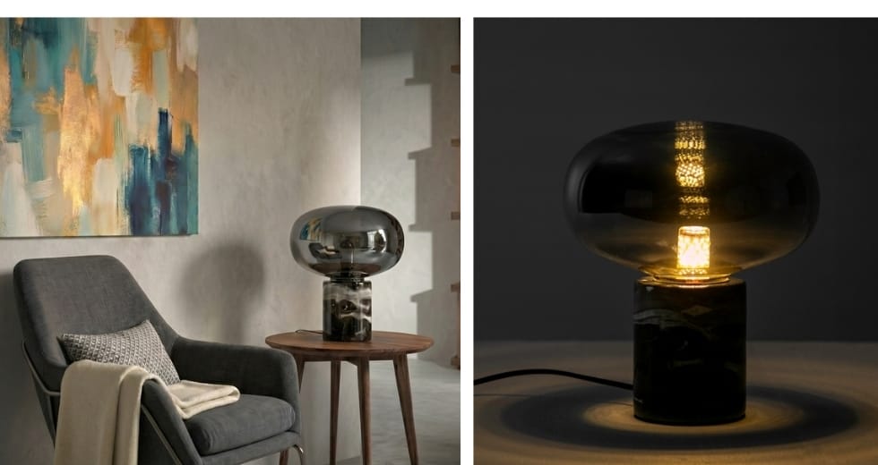 Table lamp in smoked grey mirror-effect glass and porcelain stoneware marble