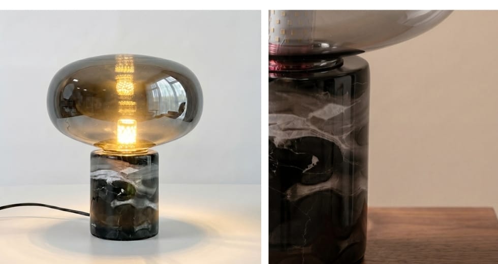 Table lamp in smoked grey mirror-effect glass and porcelain stoneware marble