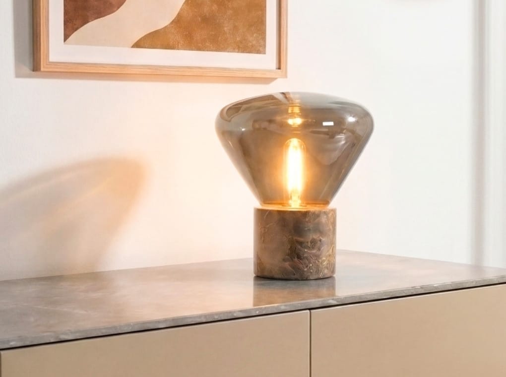 Lámpara sobremesa cristal efecto espejo fumé gris y mármol porcelánico
