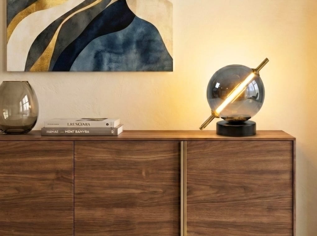 Lámpara sobremesa cristal efecto espejo fumé gris y acero negro