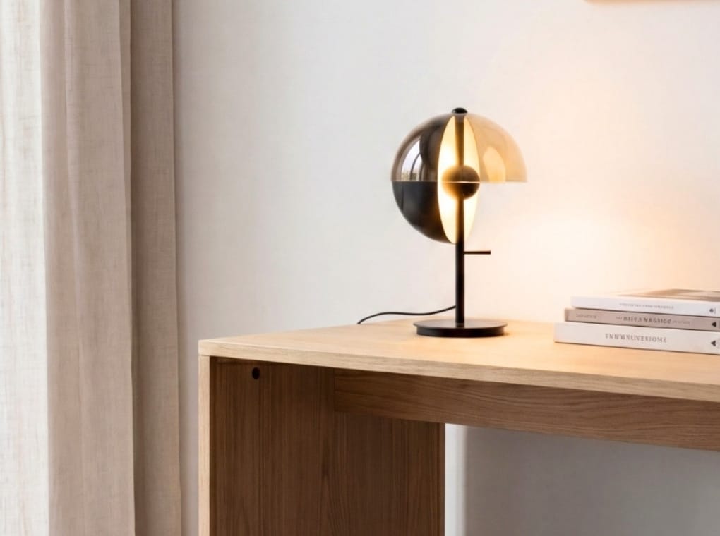 Lámpara sobremesa cristal fumé ámbar y acero negro y blanco con base de acero negro