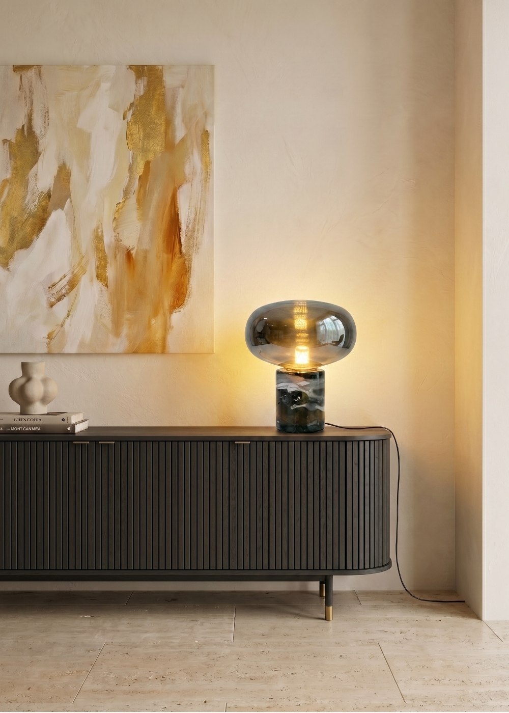 Lámpara sobremesa cristal efecto espejo fumé gris y mármol porcelánico
