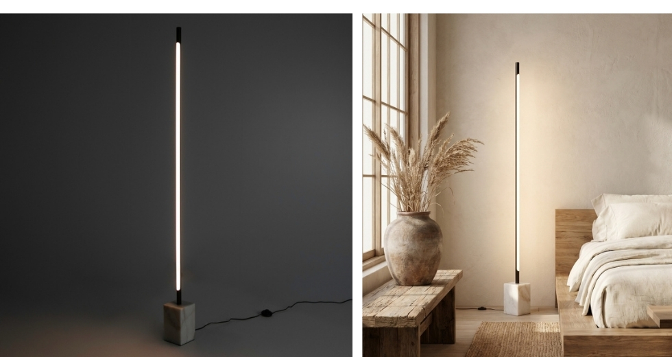 Black steel floor lamp with porcelain marble base