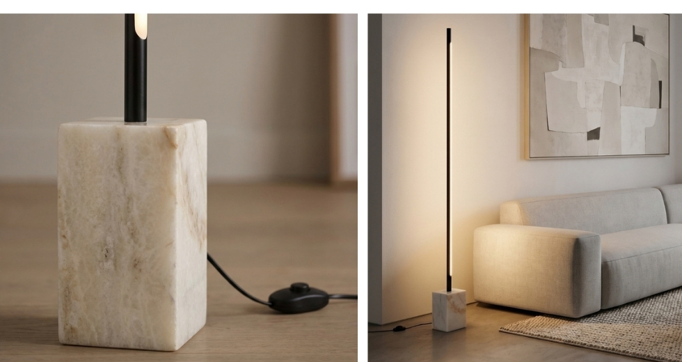 Black steel floor lamp with porcelain marble base