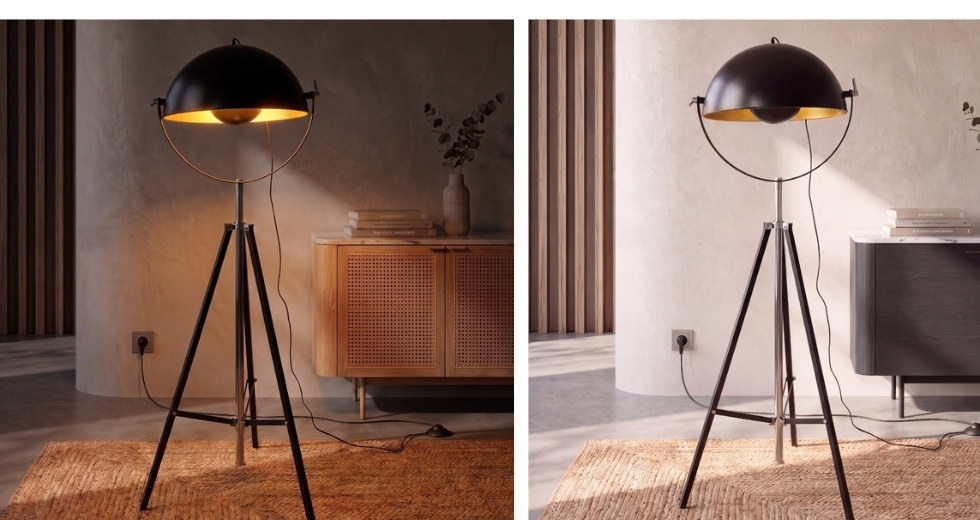 Stehlampe aus schwarzem Stahl und poliertem Gold