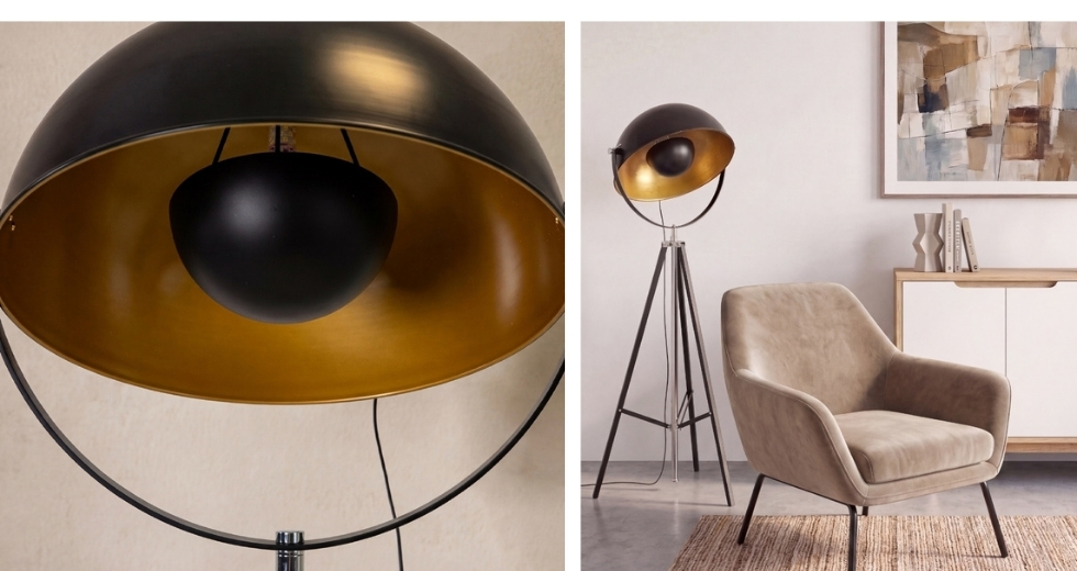 Stehlampe aus schwarzem Stahl und poliertem Gold