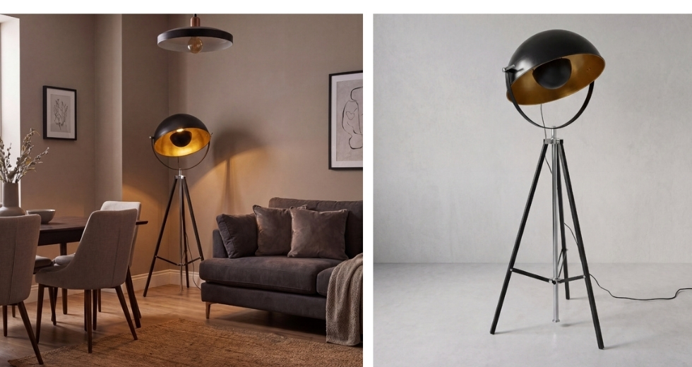Stehlampe aus schwarzem Stahl und poliertem Gold