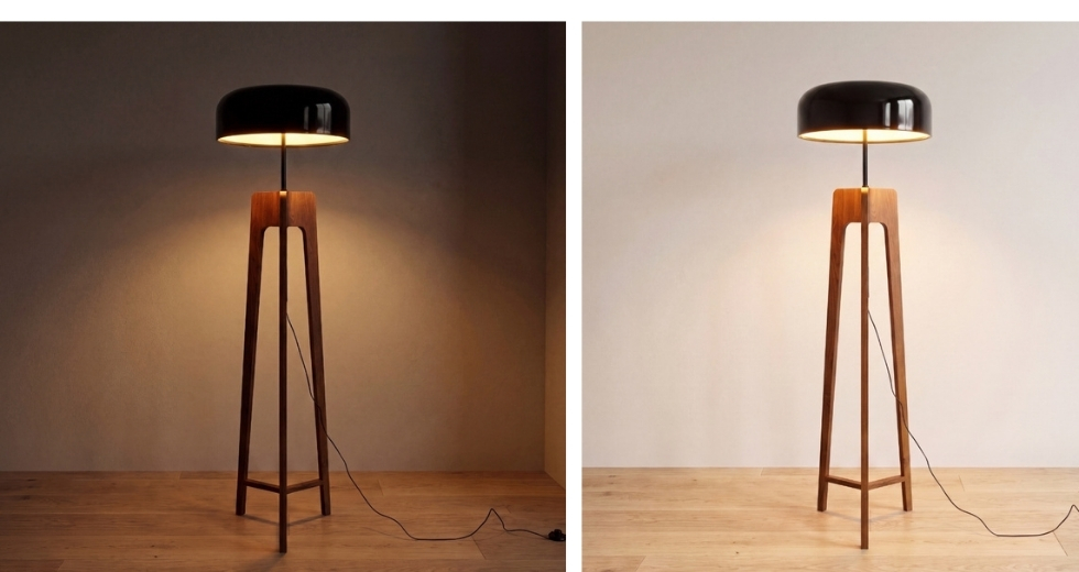Lampe sur pied en aluminium noir et blanc et bois de pin couleur noyer