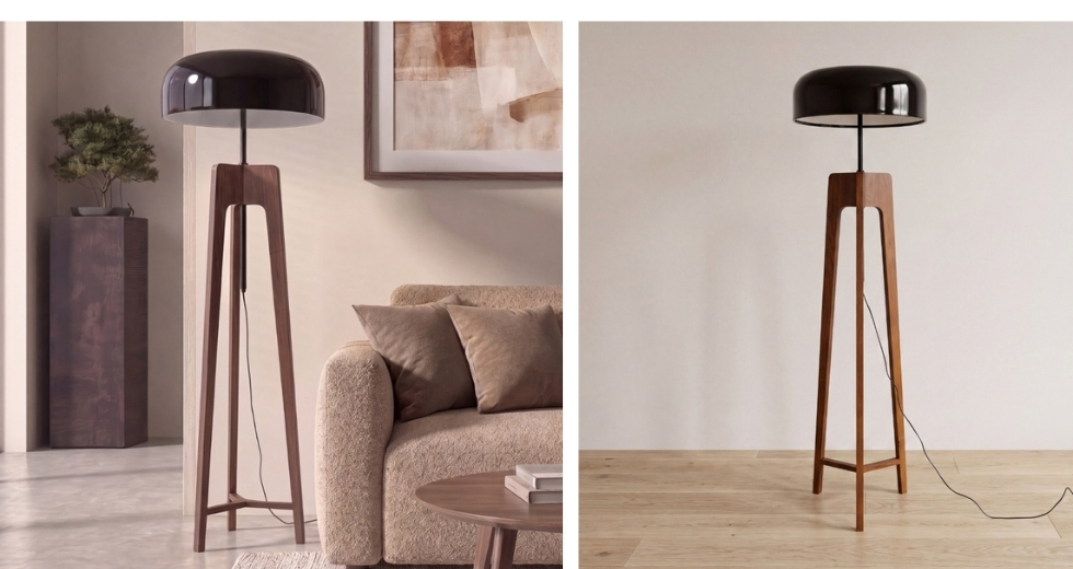 Lampe sur pied en aluminium noir et blanc et bois de pin couleur noyer