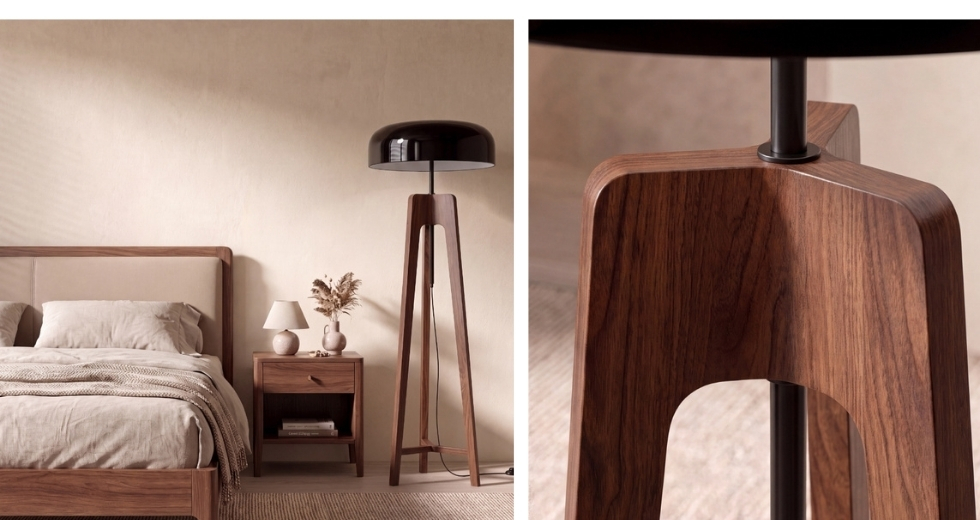 Lampe sur pied en aluminium noir et blanc et bois de pin couleur noyer