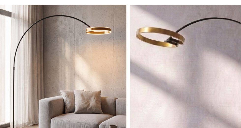Stehlampe HALO: ein goldener Lichtreif, der das Wohnzimmer verwandelt