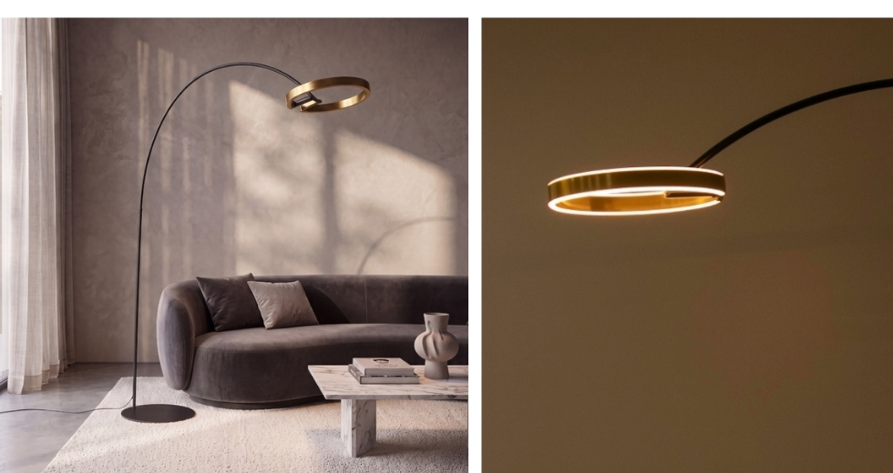 Stehlampe aus poliertem Gold- und Schwarzstahl