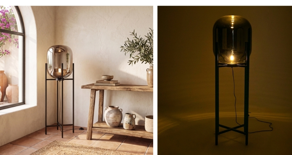 Lampe sur pied en verre effet miroir fumé gris et acier noir