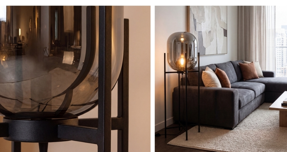 Lampe sur pied en verre effet miroir fumé gris et acier noir