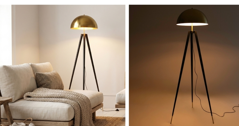 Lampe sur pied en acier poli doré et acier noir