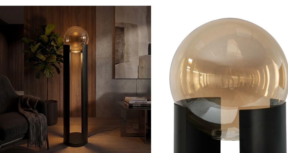 Smoked amber glass and black steel floor lamp