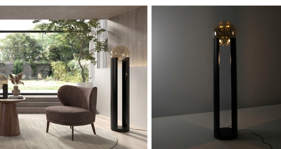 Smoked amber glass and black steel floor lamp
