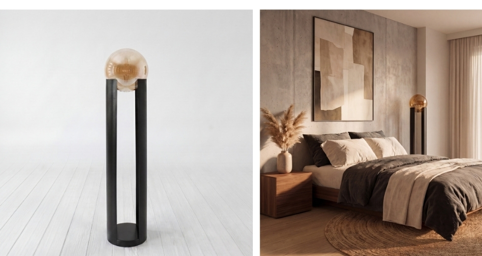 Smoked amber glass and black steel floor lamp