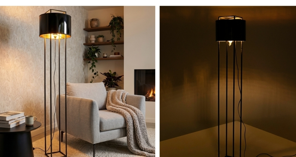 Lampe sur pied en PVC noir et doré brillant et acier noir