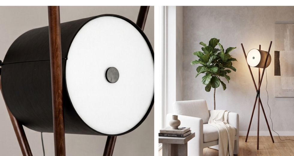 Floor lamp in wood upholstered in black polyleather and dark walnut