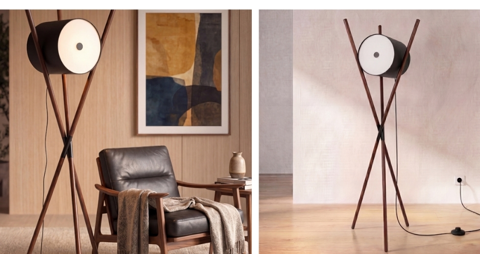 Floor lamp in wood upholstered in black polyleather and dark walnut