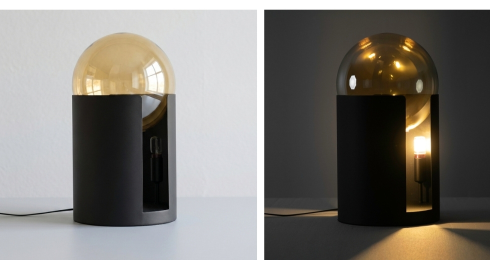 Smoked amber glass and black steel table lamp