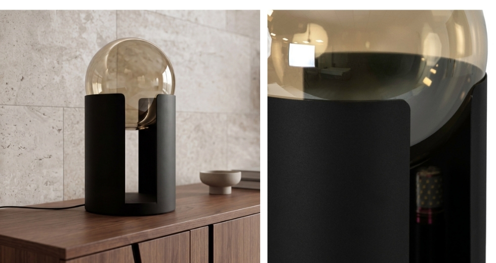 Smoked amber glass and black steel table lamp