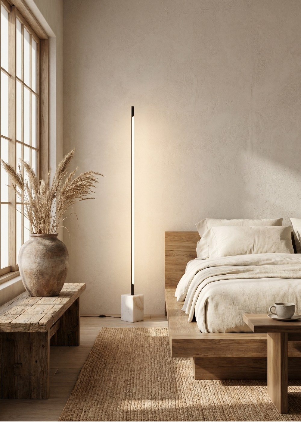 Lámpara pie acero negro con base de mármol porcelánico
