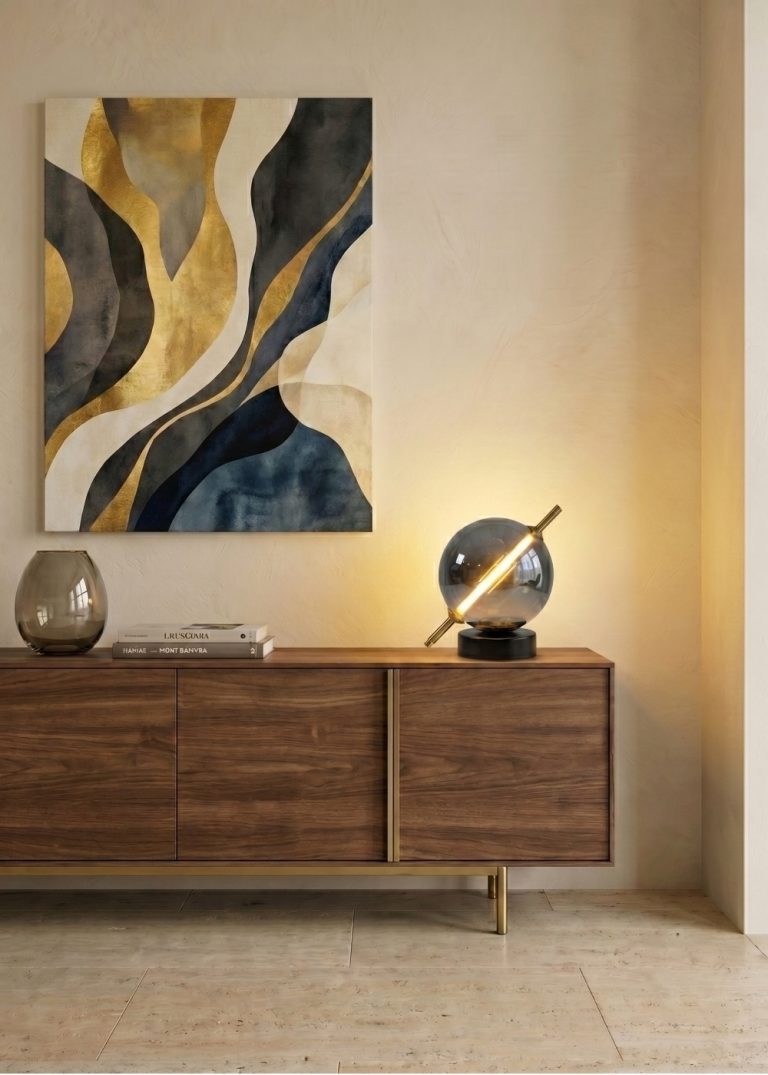 Lámpara sobremesa cristal efecto espejo fumé gris y acero negro