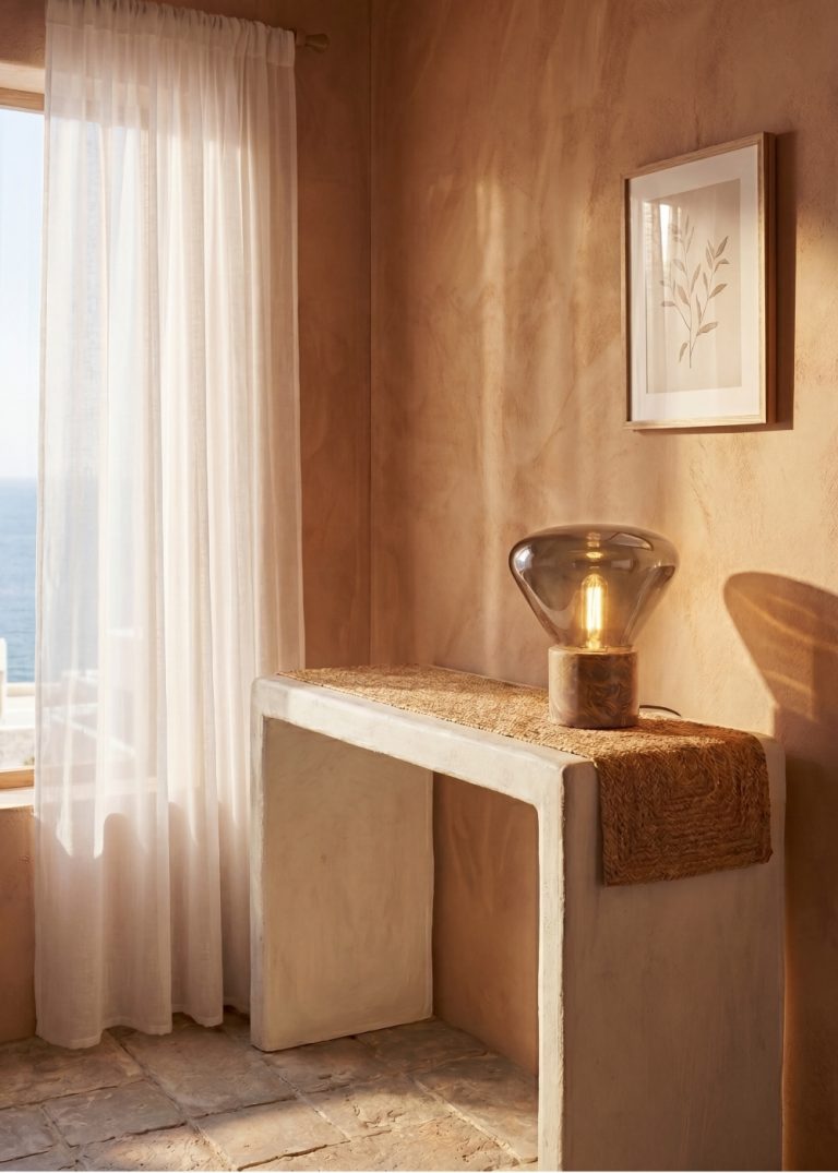 Lámpara sobremesa cristal efecto espejo fumé gris y mármol porcelánico