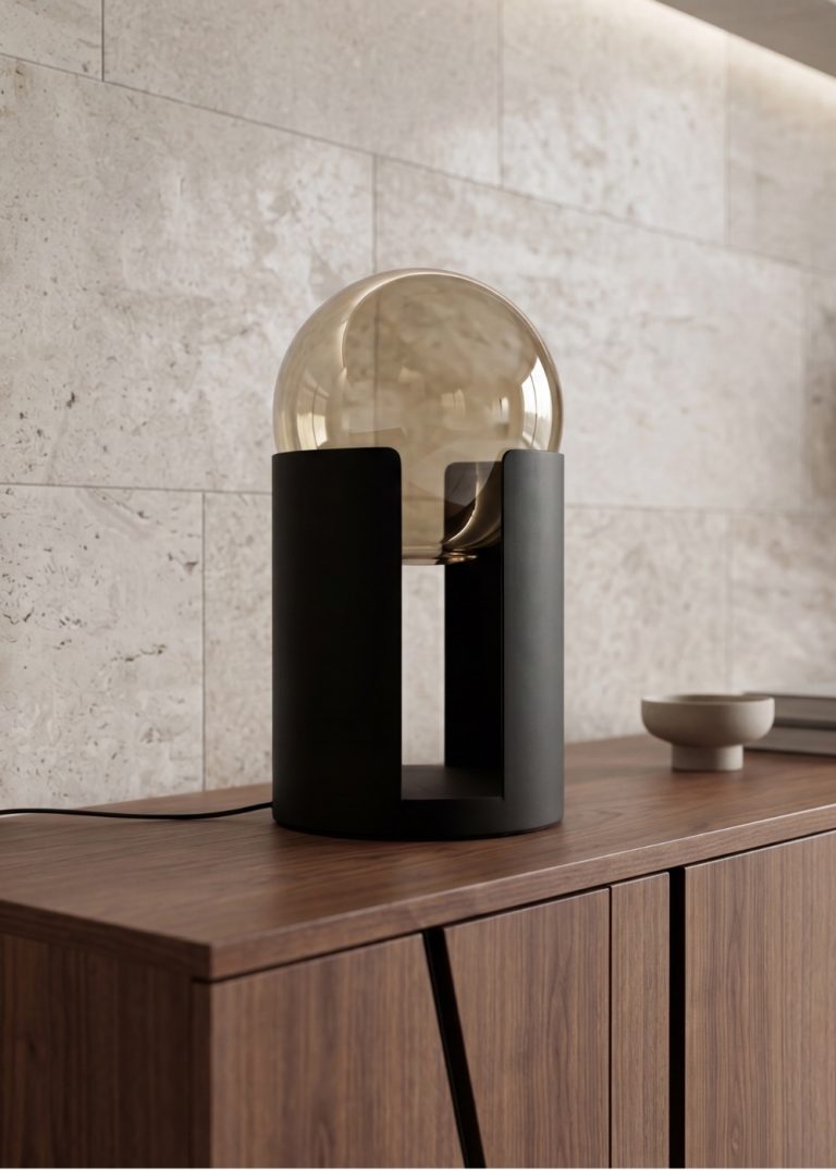 Lámpara sobremesa cristal fumé ámbar y acero negro