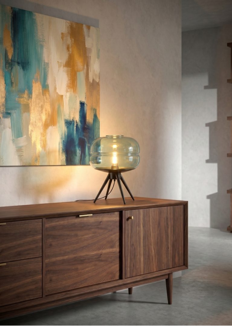 Lampada da tavolo in vetro blu e acciaio nero