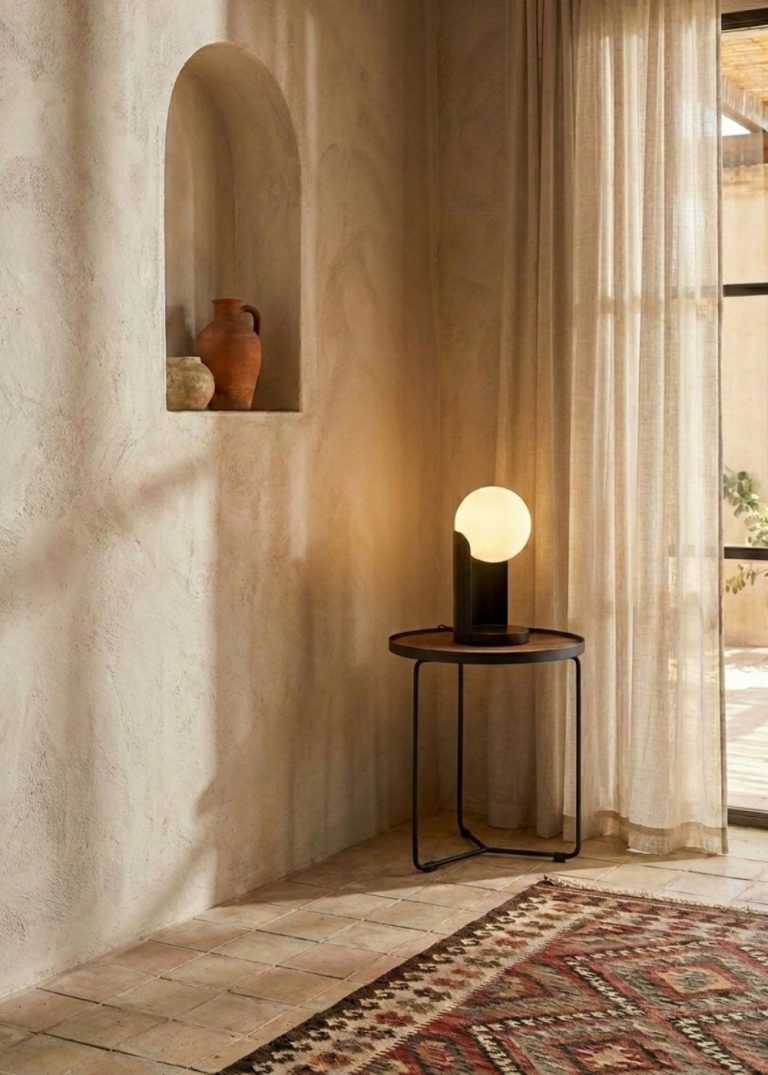 Lámpara sobremesa cristal blanco y acero negro con base de mármol porcelánico