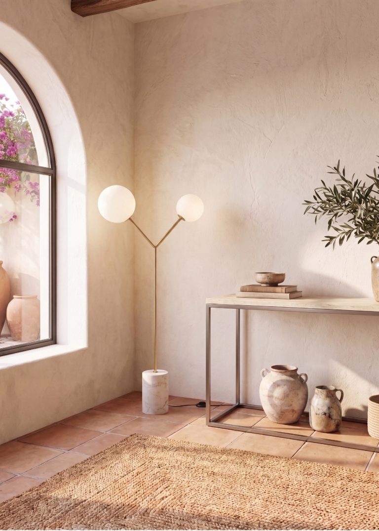 Lámpara pie cristal blanco y acero pulido dorado con base de mármol porcelánico