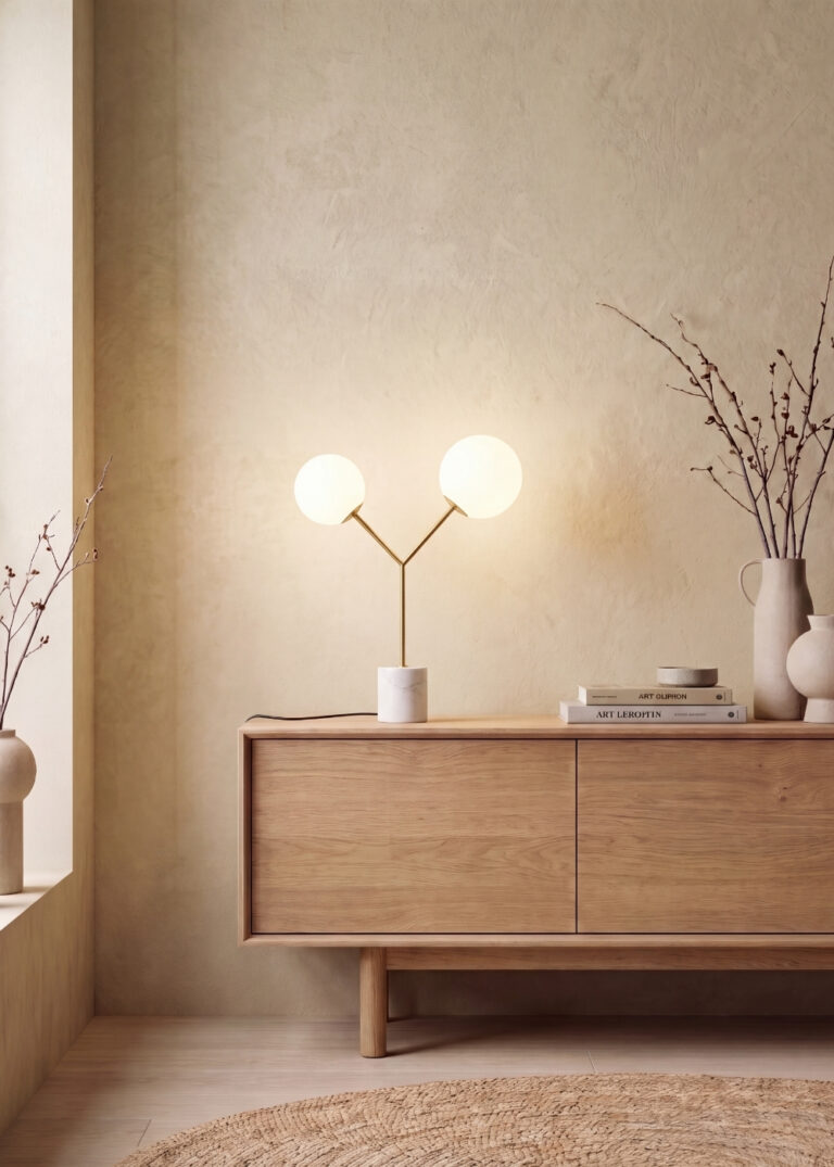 White glass table lamp and polished golden steel with a porcelain marble base