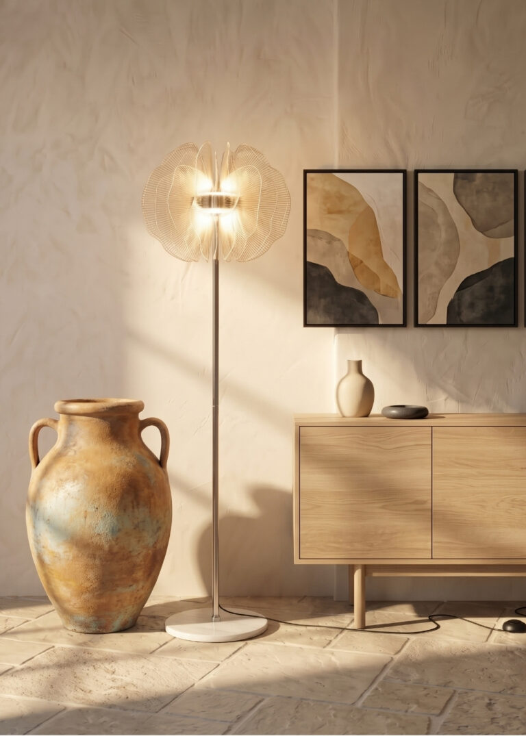 Chrome floor lamp with decorative translucent PVC sheet shade and porcelain marble base